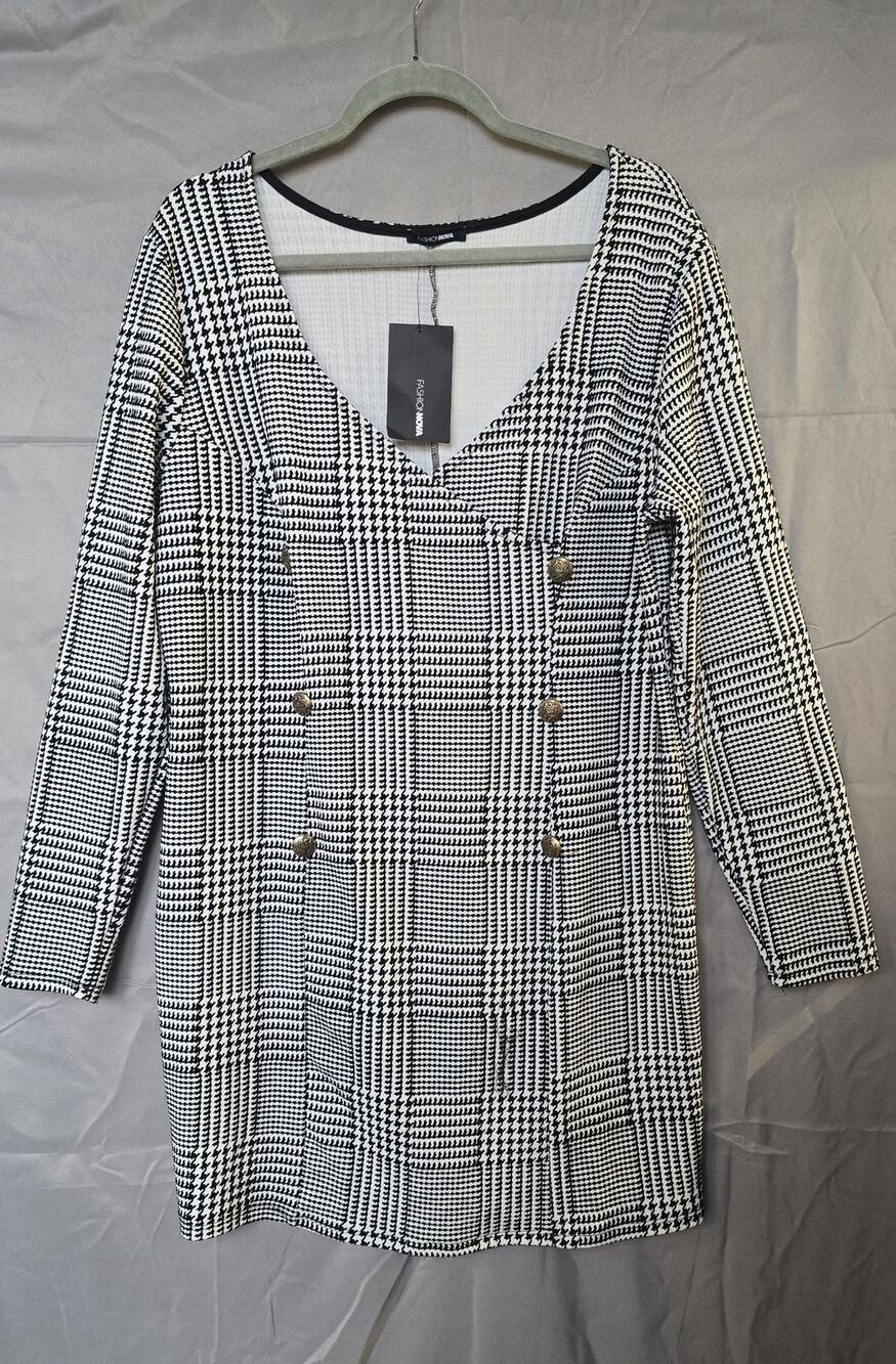 Fashion Nova Dress Womens 3XL Black Houndstooth V Neck Long Sleeve Sheath Mini
